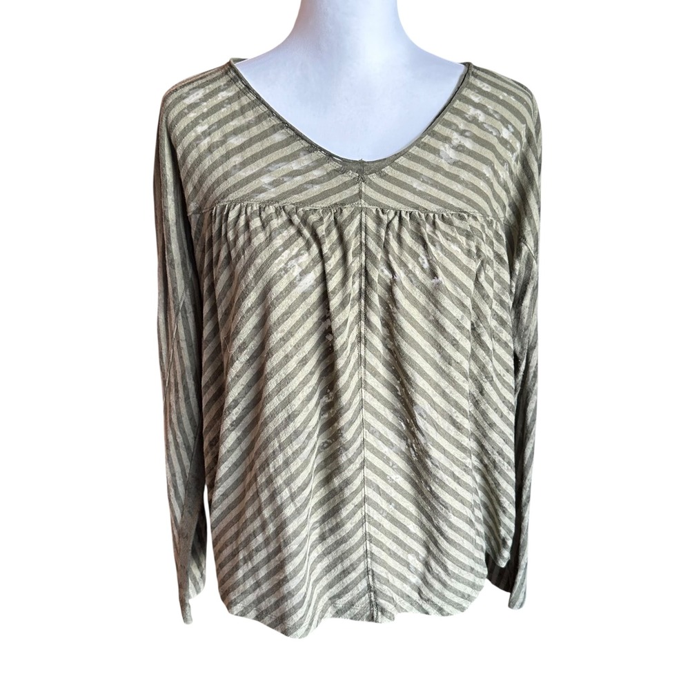 Anthropologie Top Women's Medium Pilar Olive Green Burnout‎ Striped V-Neck
